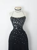 Retro A Line Spaghetti Strap Black Sequin Chiffon Evening Dress Party Dress HZ1023