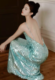 Shiny Blue Sequin One Shoulder Rhinestone Prom Dress Evening Dress Open Back HZ1023