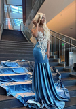 Blue Velvet Appliques Bead Meemaid Long Prom Dress Formal Evening Dress HZ1023