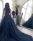 Glitter Navy Blue Square Neck Tulle Long Prom Dress Ball Gown Quinceanera Dress HZ1023