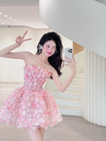 Stunning A Line Strapless Flower Pink Tulle Short Homecoming Dress Cocktail Dress HZ1023
