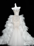 Charming Mermaid Strapless Rhinestone White Tulle Long Prom Dress HZ1023