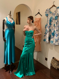 Vintage Mermaid Sweetheart Neck Pleated Green Satin Long Party Dress Cocktail Dress HZ1023