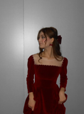 Red A Line Long Sleeve Pearl Velvet Long Prom Dress Formal Dress Party Dress HZ1023
