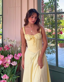 Simple A Line Spaghetti Strap Light Yellow Satin Long Prom Dress Evening Dress HZ1023