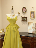 Elegant A Line Strapless Yellow Satin Long Prom Dress Evening Dress with Bow HZ1023