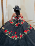 Sexy Red Flower Ball Gown Off the Shoulder Black Tulle Sweet 16 Dress Party Gowns Quinceanera Dresses HZ1023