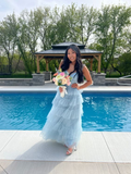 Light Blue Tulle Layered Long Prom Dress Elegant Evening Dress HZ1023