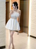 Cute White A Line Strapless Corset Feather Satin Short Homecoming Dress Cocktail Dress HZ1023