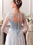Gentle Baby Blue Satin White Lace Long Sleeve Prom Dress Party Dress Birthday Dress HZ1023