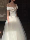 Pretty A Line Off the Shoulder Corset Satin Tulle Long Prom Dress Wedding Dress HZ1023