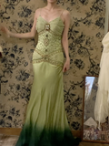 Vintage Green Ombre A Line Spaghetti Straps Beaded Satin Prom Dress 16th Birthday Dress HZ1023