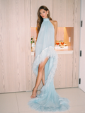 Baby Blue A Line Halter Feather Chiffon Long Sweep Prom Dress Evening Dress HZ1023