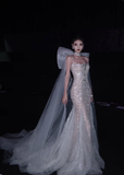 Rhinestone Exquisite Mermaid Spaghetti Strap Beaded Tulle Prom Dress Wedding Dress with Bow HZ1023