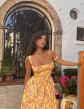 Cute A Line Spaghetti Strap Print Floral Yellow Satin Prom Dress Vacation Dress HZ1023