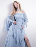 Blue A Line Straps Chiffon Slit Long Prom Dress Evening Dress with Cape HZ1023