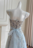 Stunning A Line Spaghetti Strap Floral Blue Tulle Prom Dress Wedding Guest Dress HZ1023