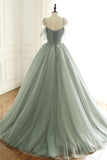 sage green tulle long ball gown with spaghetti straps, sage green sweet 16 dress prom gown HZ1023