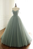 sage green tulle long ball gown with spaghetti straps, sage green sweet 16 dress prom gown HZ1023