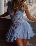 Gentle A Line V Neck Embroidery Satin Layered Blue Chiffon Homecoming Dress Birthday Dress HZ1023