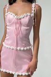 Pink Two Piece A Line Spaghetti Strap Satin Mini Homecoming Dress Birthday Dress HZ1023
