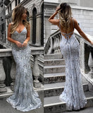 Gray lace mermaid long prom dress, gray lace evening dress HZ1023