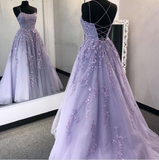 Purple tulle lace long prom dress formal dress HZ1023