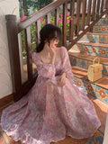 Pretty A Line Long Sleeve Print Floral Chiffon Long Prom Dress Evening Dress HZ1023