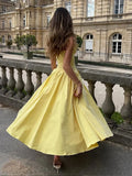 Elegant Yellow A Line Sweetheart Corset Satin Long Prom Dress Evening Dress HZ1023