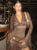 Sexy Sheath Long Sleeve Brown Lace Short Party Dress Outfits HZ1023