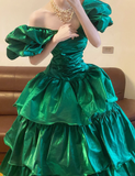 Stunning A Line Off the Shoulder Emerald Satin Long Sweep Party Dress Prom Dress HZ1023