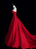 Simple A Line Strapless Red Satin Long Sweep Prom Dress Graduation Prom Dress HZ1023