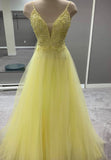 Yellow v neck tulle lace long prom dress HZ1023