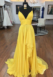 Yellow v neck chiffon long prom dress HZ1023