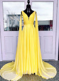 Yellow v neck chiffon prom dress evening dress HZ1023