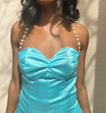 Cute Blue A Line Pearl Spaghetti Strap Satin Homecoming Dress Cocktail Dress HZ1023