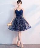 Dark blue v neck tulle sequin short prom dress, blue homecoming dress HZ1023