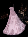 Gentle A Line One Shoulder Beaded Sequin Pink Tulle Satin Prom Dress Party Dress HZ1023