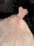 Romantic A Line Sweetheart Neck Floral Beaded Pink Tulle Prom Dress Evening Dress HZ1023
