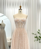 Elegant A Line Strapless Sequin Pearl Beaded Tulle Long Prom Dress Evening Dress HZ1023
