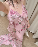 Flowy Pink A Line Spaghetti Strap Print Floral Chiffon Open Back Prom Dress Vacation Dress HZ1023