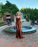 Elegant Mermaid Straps Brown Satin Long Sweep Prom Dress Evening Dress HZ1023