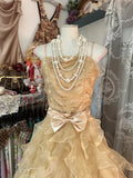 Princess A Line Spaghetti Strap Ruffle Golden Tulle Long Party Dress Evening Dress with Bow HZ1023