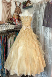 Princess A Line Spaghetti Strap Ruffle Golden Tulle Long Party Dress Evening Dress with Bow HZ1023