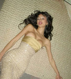 Shiny Sheath Strapless Long Yellow Sequin Satin Party Dresses Prom Dresses HZ1023