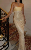Shiny Sheath Strapless Long Yellow Sequin Satin Party Dresses Prom Dresses HZ1023