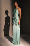 Unique Sheath Strapless Embroidered Flower Sage Green Satin Party Dress Evening Dress HZ1023