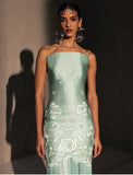 Unique Sheath Strapless Embroidered Flower Sage Green Satin Party Dress Evening Dress HZ1023