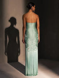 Unique Sheath Strapless Embroidered Flower Sage Green Satin Party Dress Evening Dress HZ1023