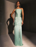 Unique Sheath Strapless Embroidered Flower Sage Green Satin Party Dress Evening Dress HZ1023